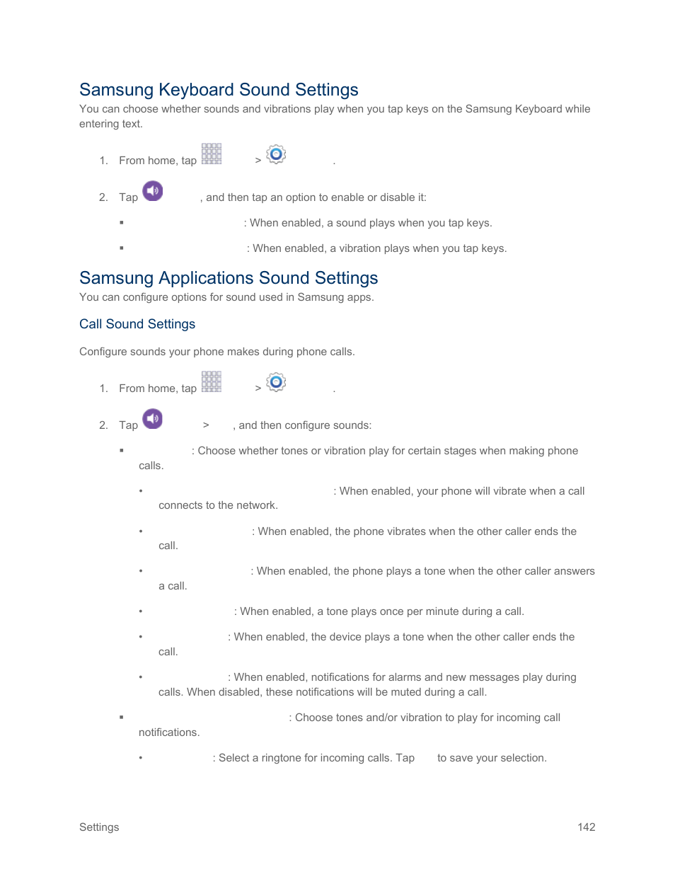 Samsung keyboard sound settings, Samsung applications sound settings | Samsung SM-G900PZWASPR User Manual | Page 154 / 208