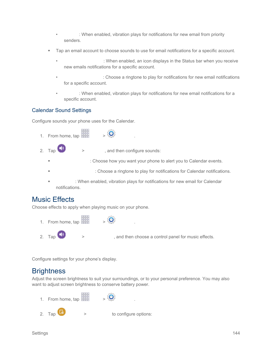 Music effects, Display settings, Brightness | Samsung SM-G900PZWASPR User Manual | Page 156 / 208