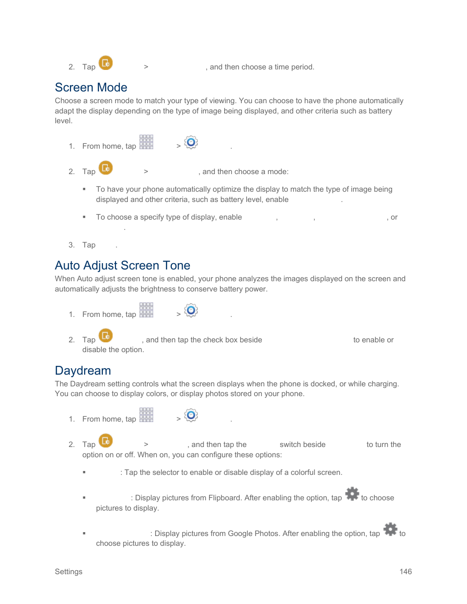 Screen mode, Auto adjust screen tone, Daydream | Samsung SM-G900PZWASPR User Manual | Page 158 / 208