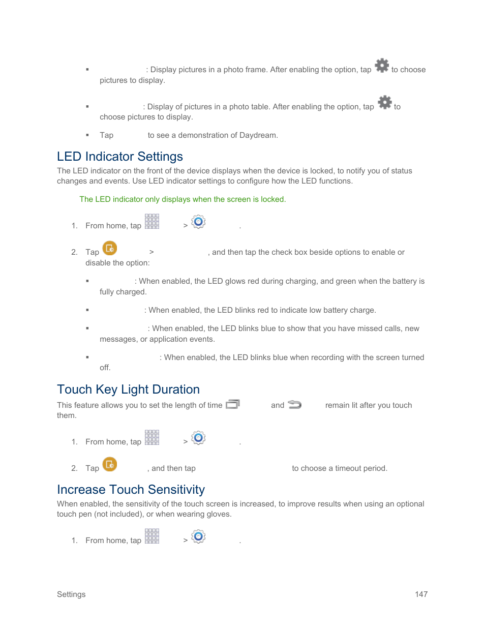 Led indicator settings, Touch key light duration, Increase touch sensitivity | Samsung SM-G900PZWASPR User Manual | Page 159 / 208