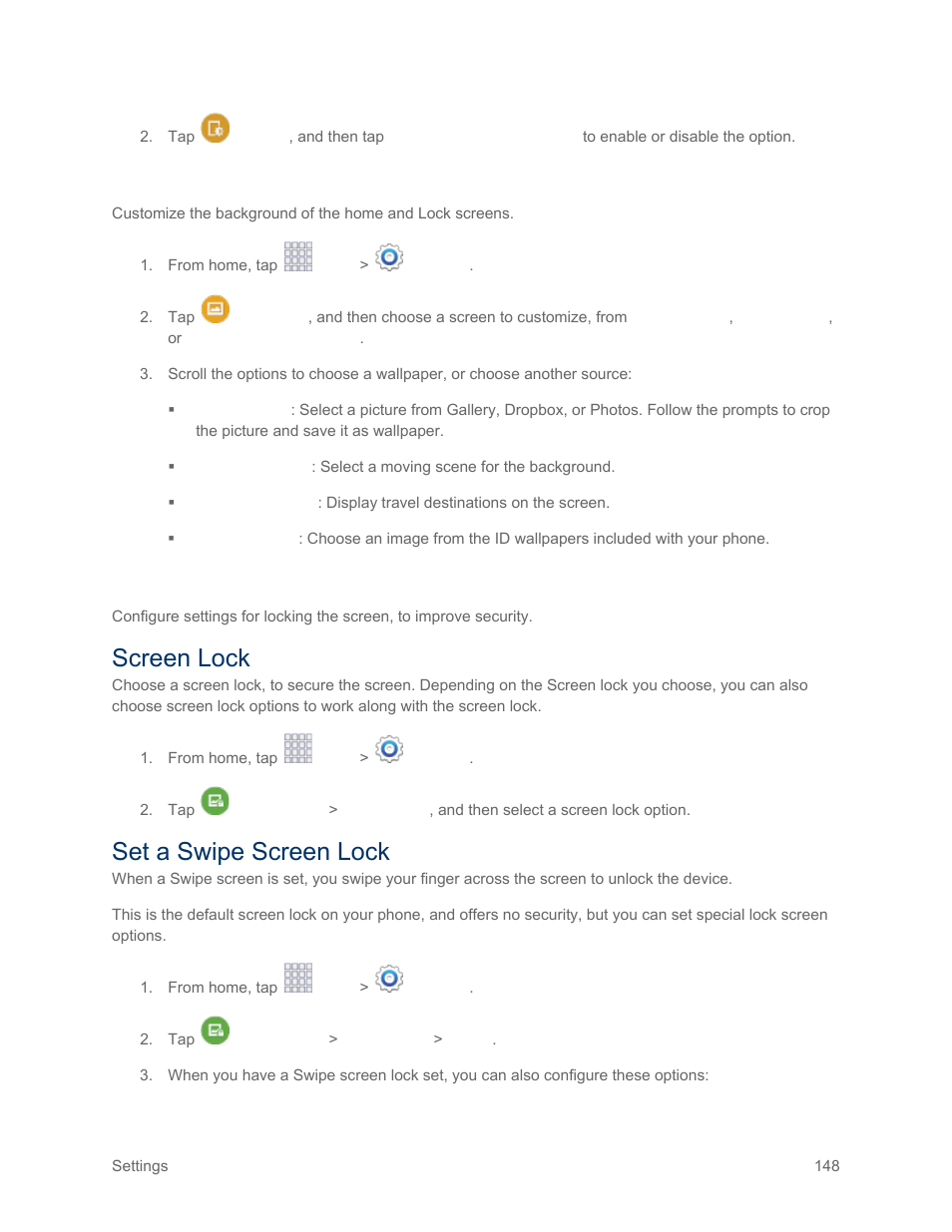 Wallpaper settings, Lock screen settings, Screen lock | Set a swipe screen lock, Screen, Lock | Samsung SM-G900PZWASPR User Manual | Page 160 / 208