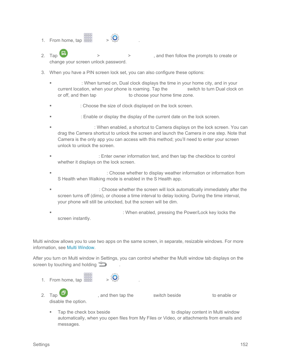 Multi window settings | Samsung SM-G900PZWASPR User Manual | Page 164 / 208