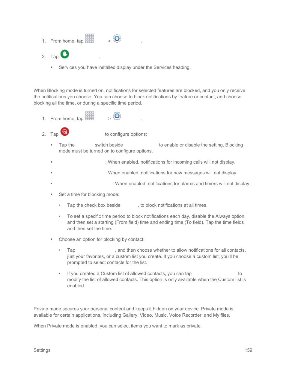 Blocking mode settings, Private mode settings | Samsung SM-G900PZWASPR User Manual | Page 171 / 208
