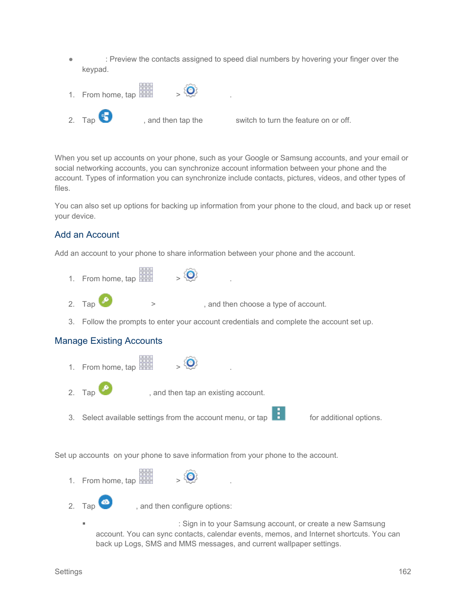 Accounts settings, Cloud settings | Samsung SM-G900PZWASPR User Manual | Page 174 / 208