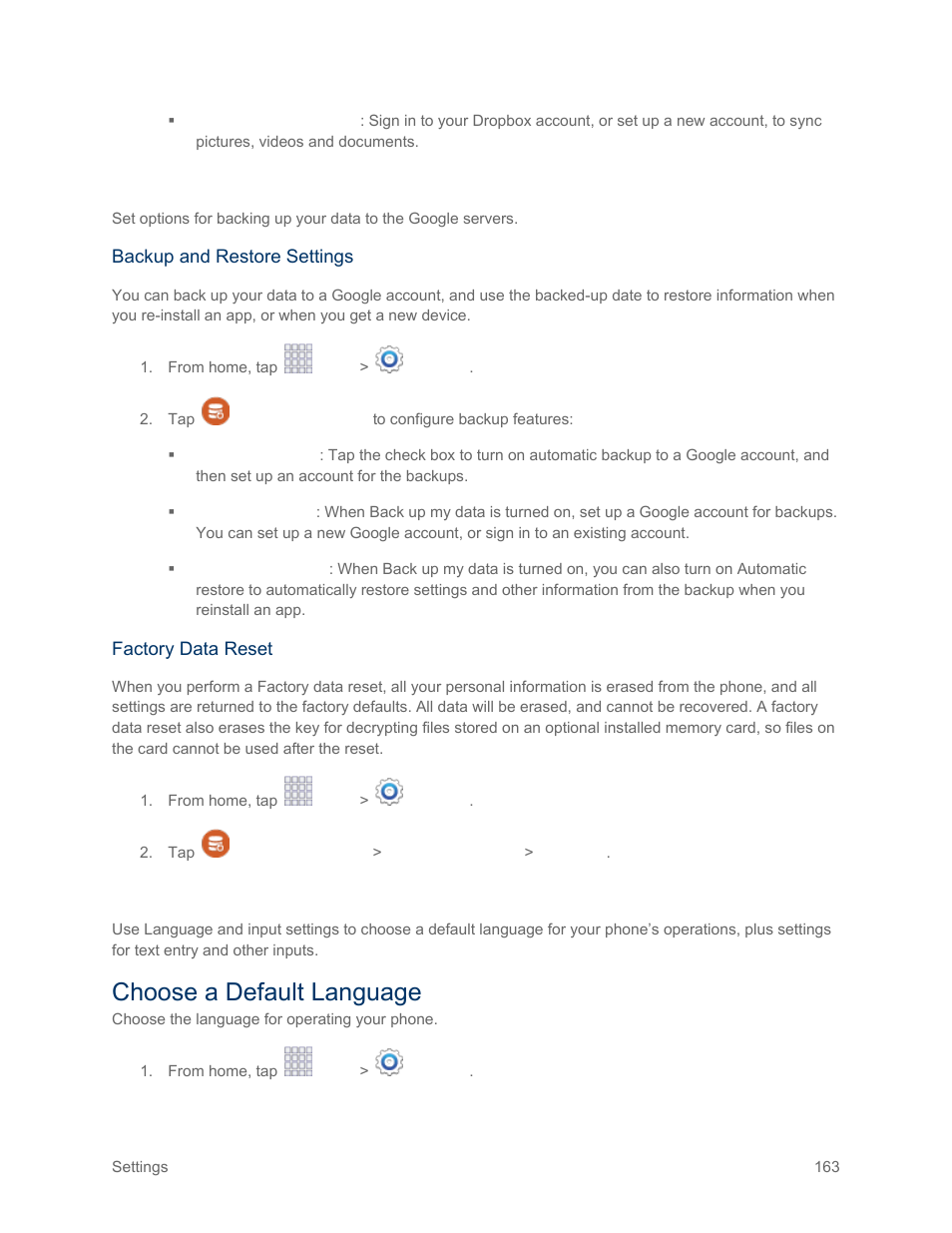 Backup and reset settings, Language and input settings, Choose a default language | Samsung SM-G900PZWASPR User Manual | Page 175 / 208