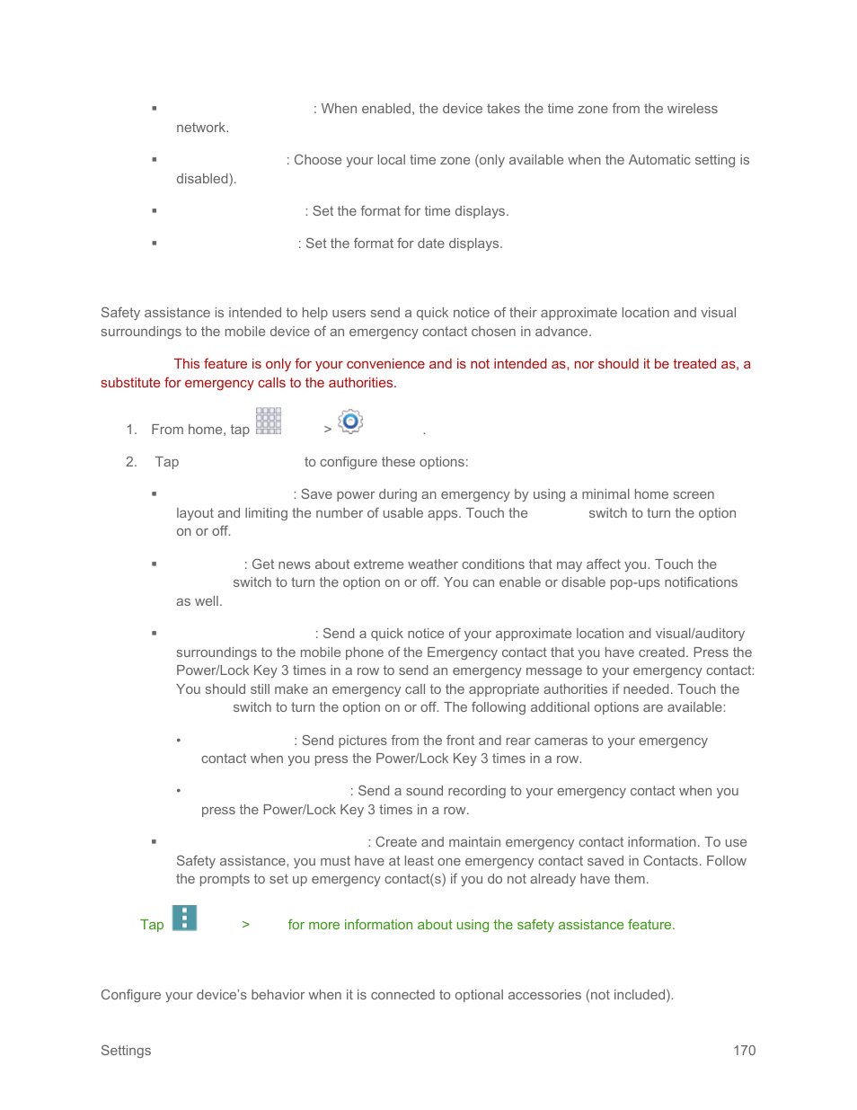 Safety assistance, Accessories settings | Samsung SM-G900PZWASPR User Manual | Page 182 / 208
