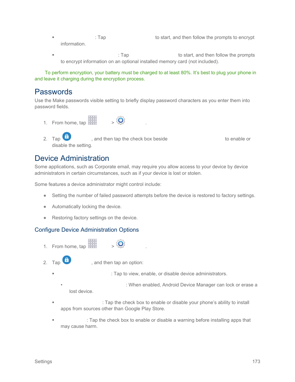 Passwords, Device administration | Samsung SM-G900PZWASPR User Manual | Page 185 / 208