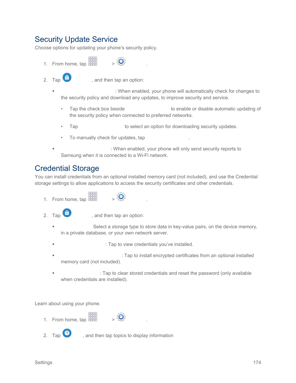 Security update service, Credential storage, Help | Samsung SM-G900PZWASPR User Manual | Page 186 / 208