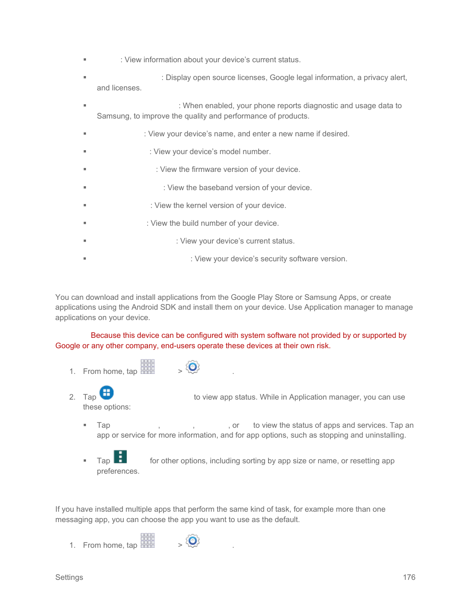 Application manager settings, Default applications settings | Samsung SM-G900PZWASPR User Manual | Page 188 / 208