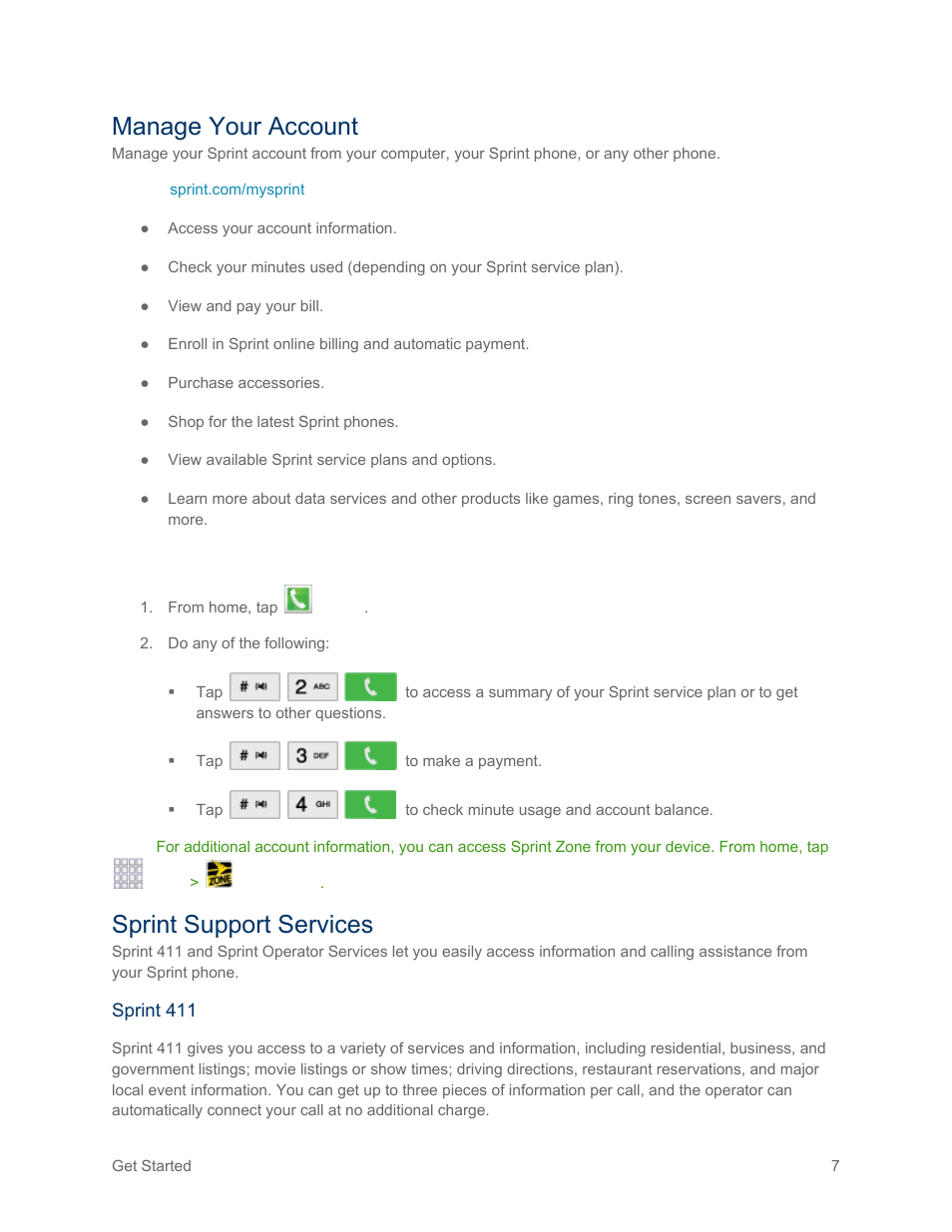 Manage your account, Sprint support services | Samsung SM-G900PZWASPR User Manual | Page 19 / 208