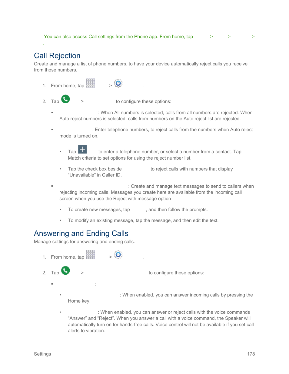 Call rejection, Answering and ending calls | Samsung SM-G900PZWASPR User Manual | Page 190 / 208