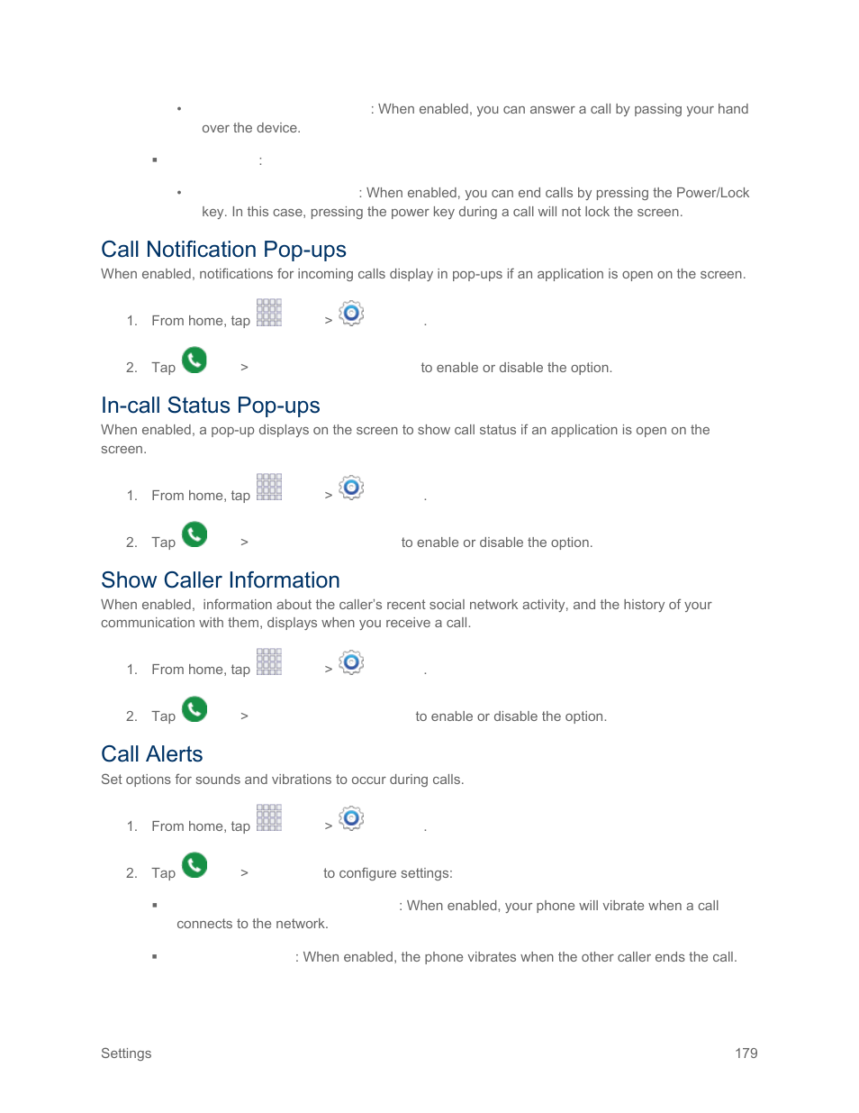 Call notification pop-ups, In-call status pop-ups, Show caller information | Call alerts | Samsung SM-G900PZWASPR User Manual | Page 191 / 208