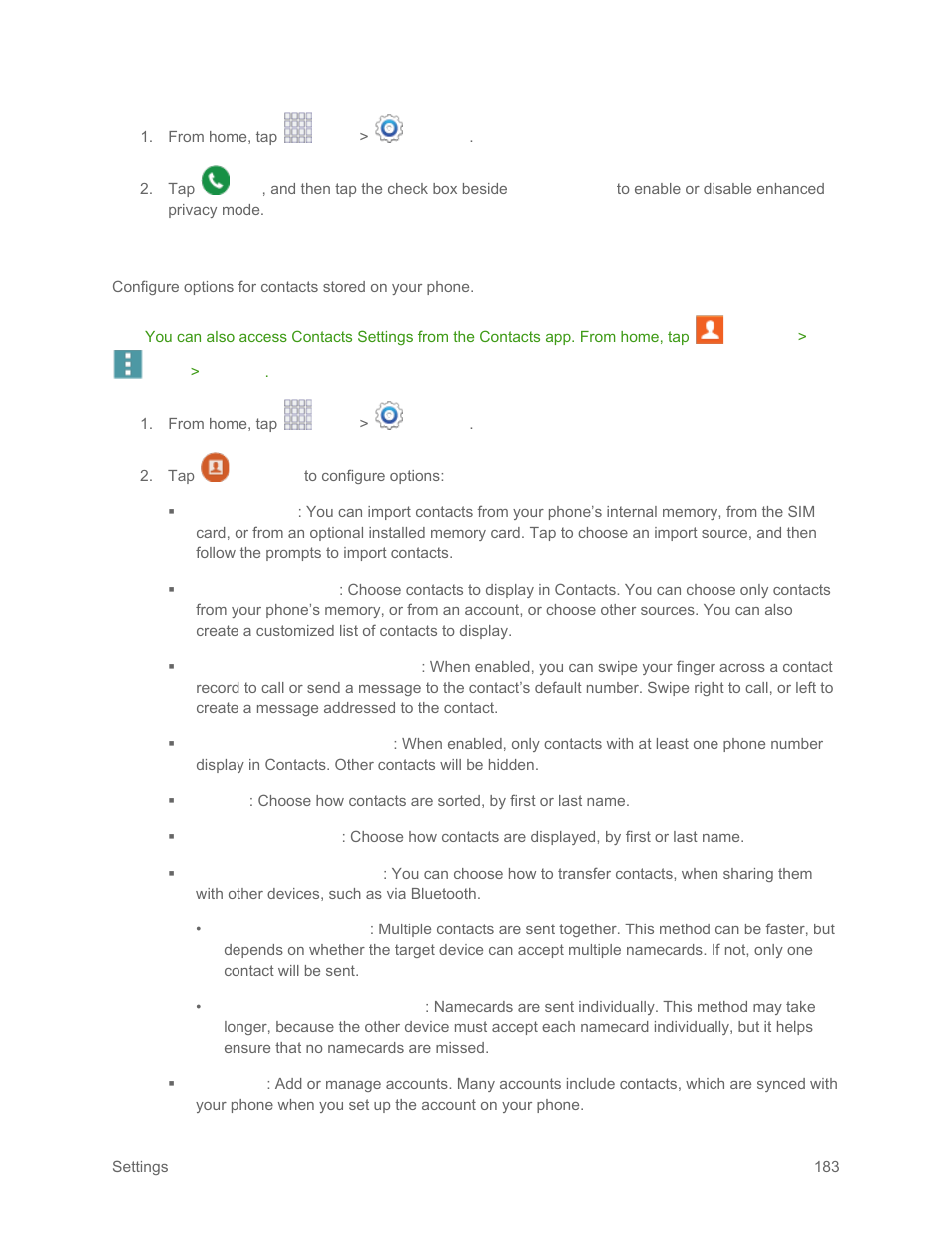 Contacts settings | Samsung SM-G900PZWASPR User Manual | Page 195 / 208