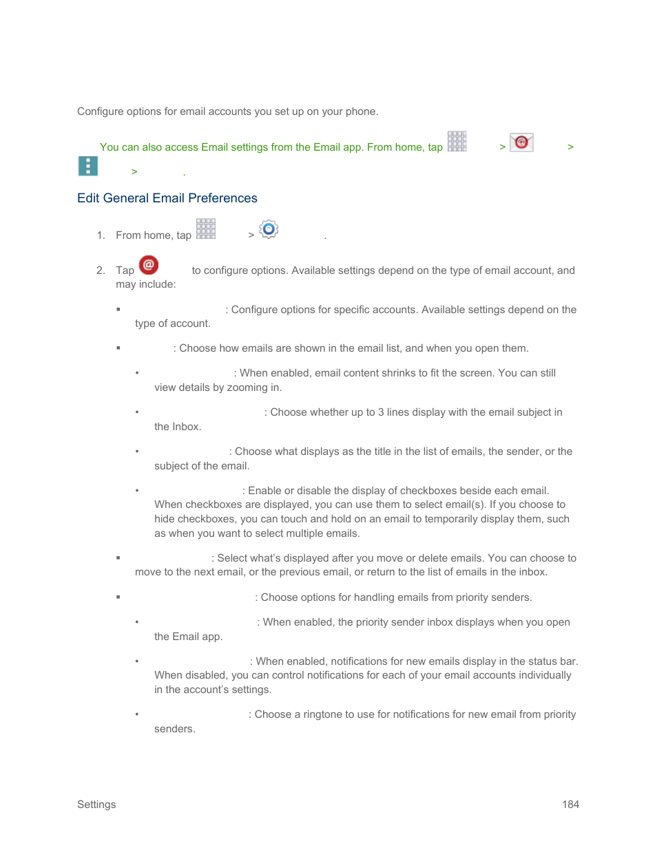 Email settings | Samsung SM-G900PZWASPR User Manual | Page 196 / 208