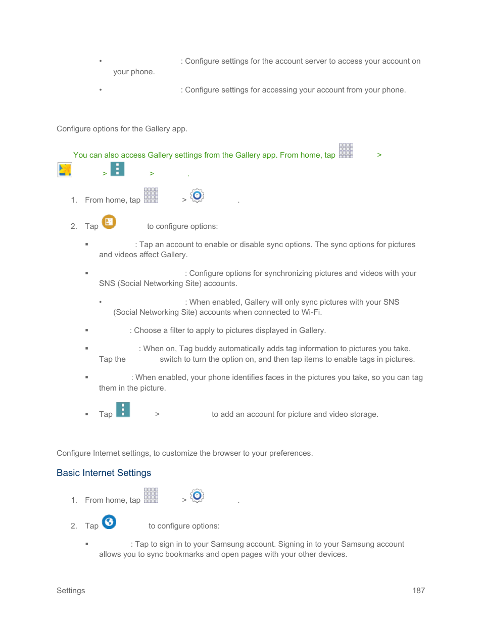 Gallery settings, Internet settings | Samsung SM-G900PZWASPR User Manual | Page 199 / 208