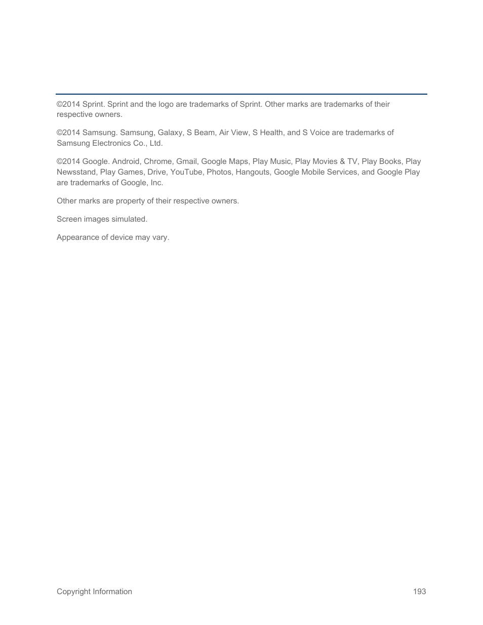 Copyright information | Samsung SM-G900PZWASPR User Manual | Page 205 / 208