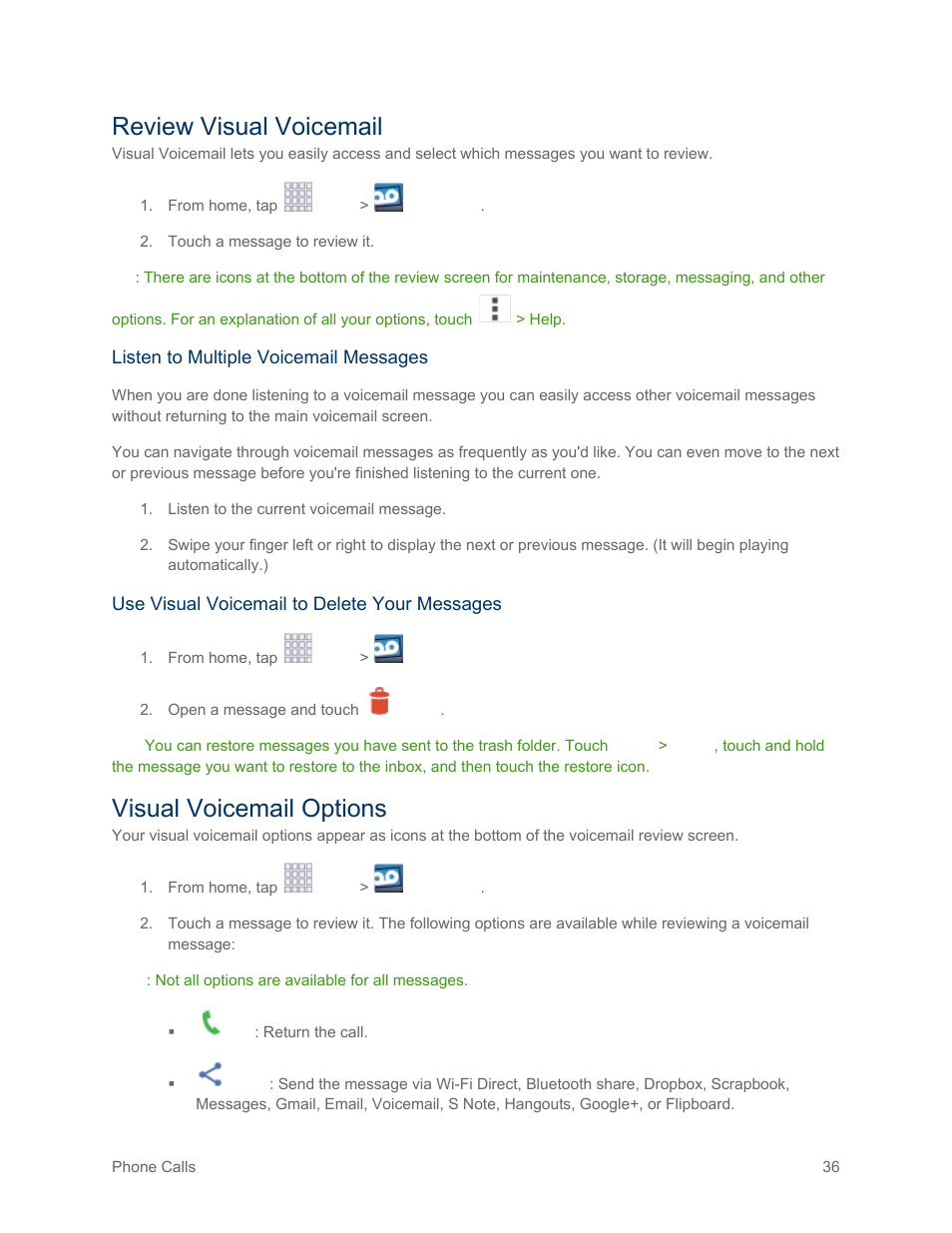 Review visual voicemail, Visual voicemail options | Samsung SM-G900PZWASPR User Manual | Page 48 / 208