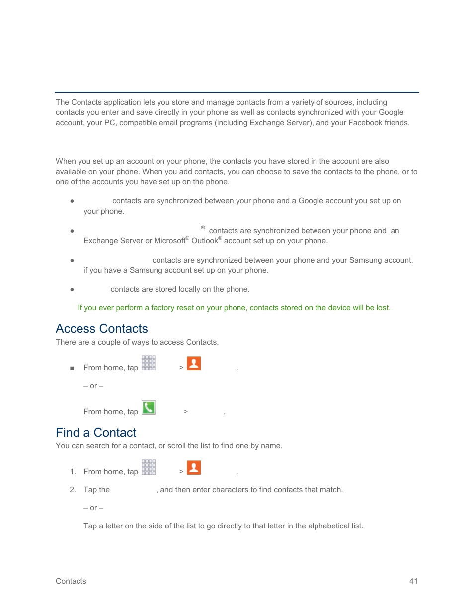 Contacts, Get started with contacts, Access contacts | Find a contact | Samsung SM-G900PZWASPR User Manual | Page 53 / 208