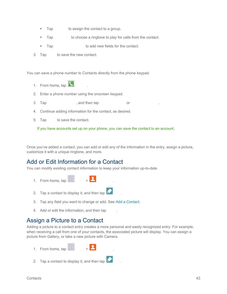 Save a phone number, Edit a contact, Add or edit information for a contact | Assign a picture to a contact | Samsung SM-G900PZWASPR User Manual | Page 55 / 208