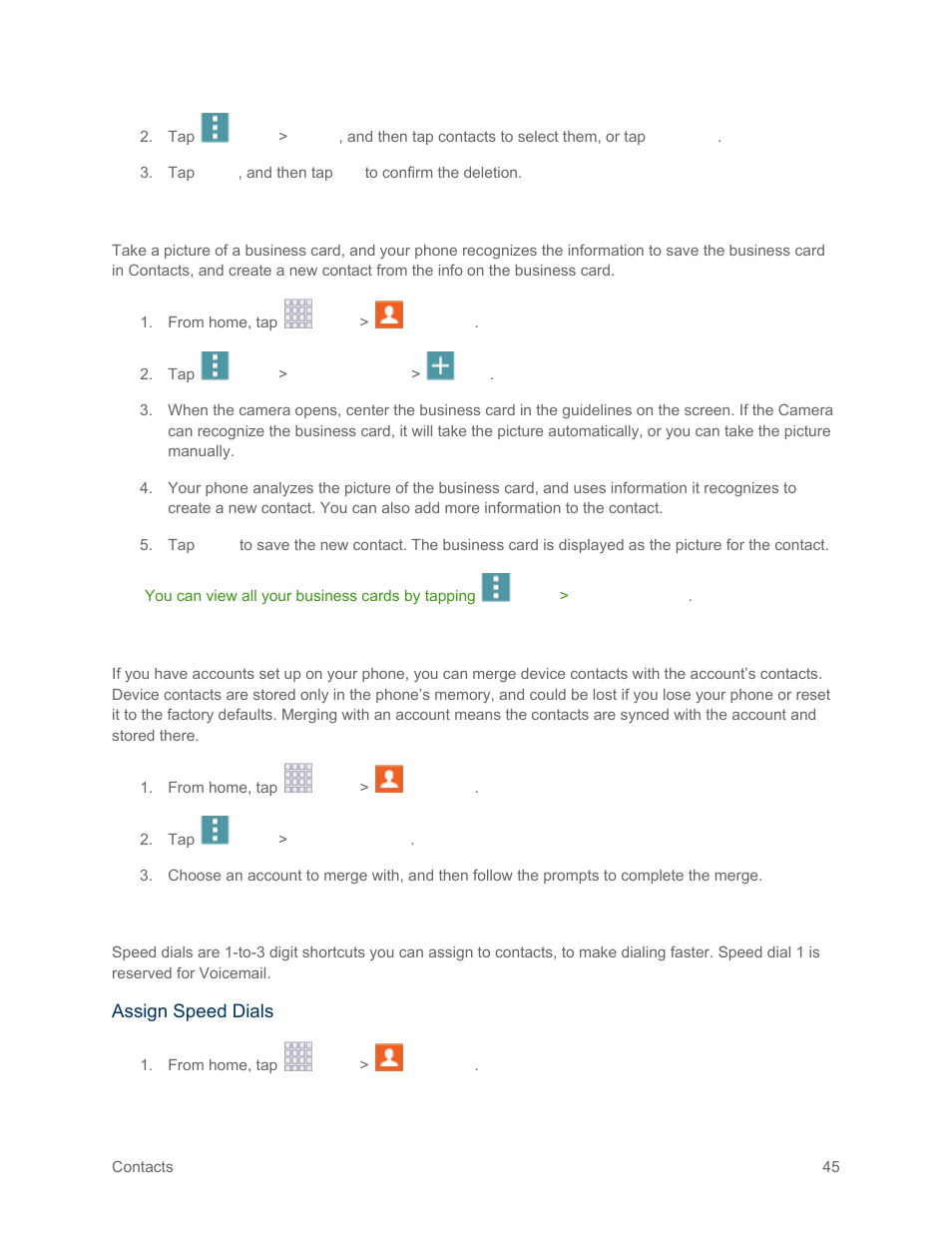 Save a business card as a contact, Merge contacts, Speed dials | Samsung SM-G900PZWASPR User Manual | Page 57 / 208