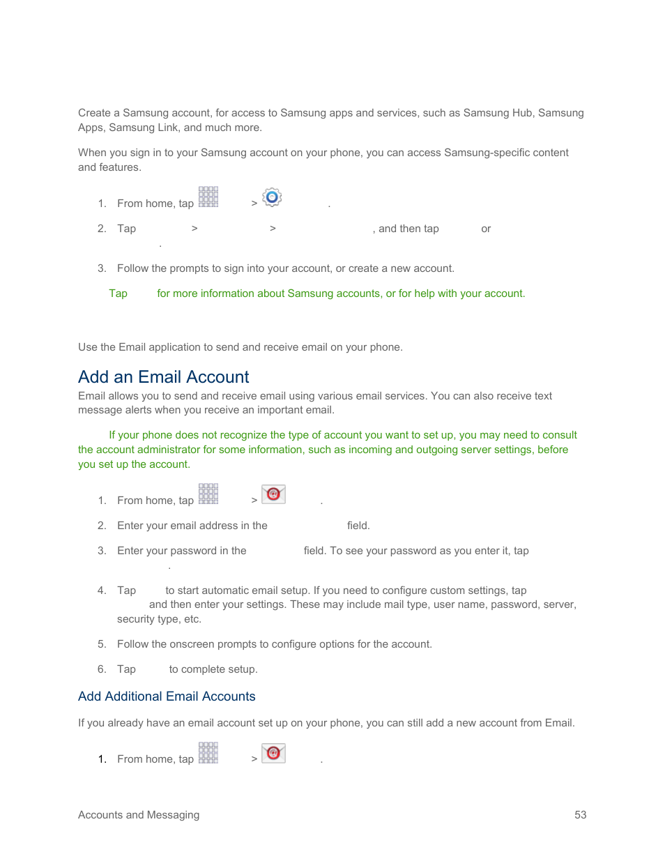Samsung account, Email, Add an email account | Samsung SM-G900PZWASPR User Manual | Page 65 / 208