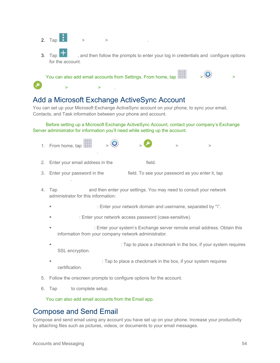 Add a microsoft exchange activesync account, Compose and send email | Samsung SM-G900PZWASPR User Manual | Page 66 / 208