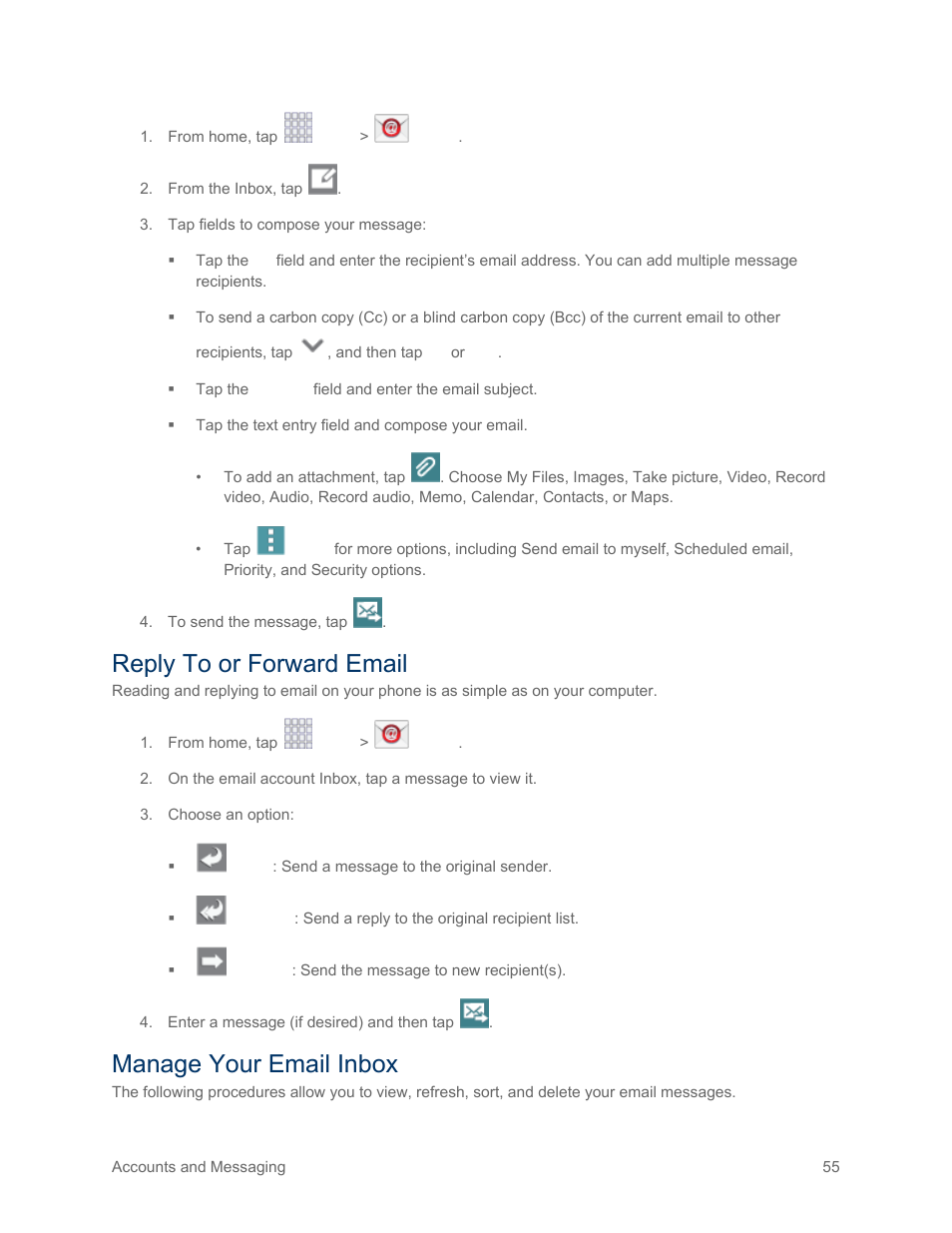 Reply to or forward email, Manage your email inbox | Samsung SM-G900PZWASPR User Manual | Page 67 / 208