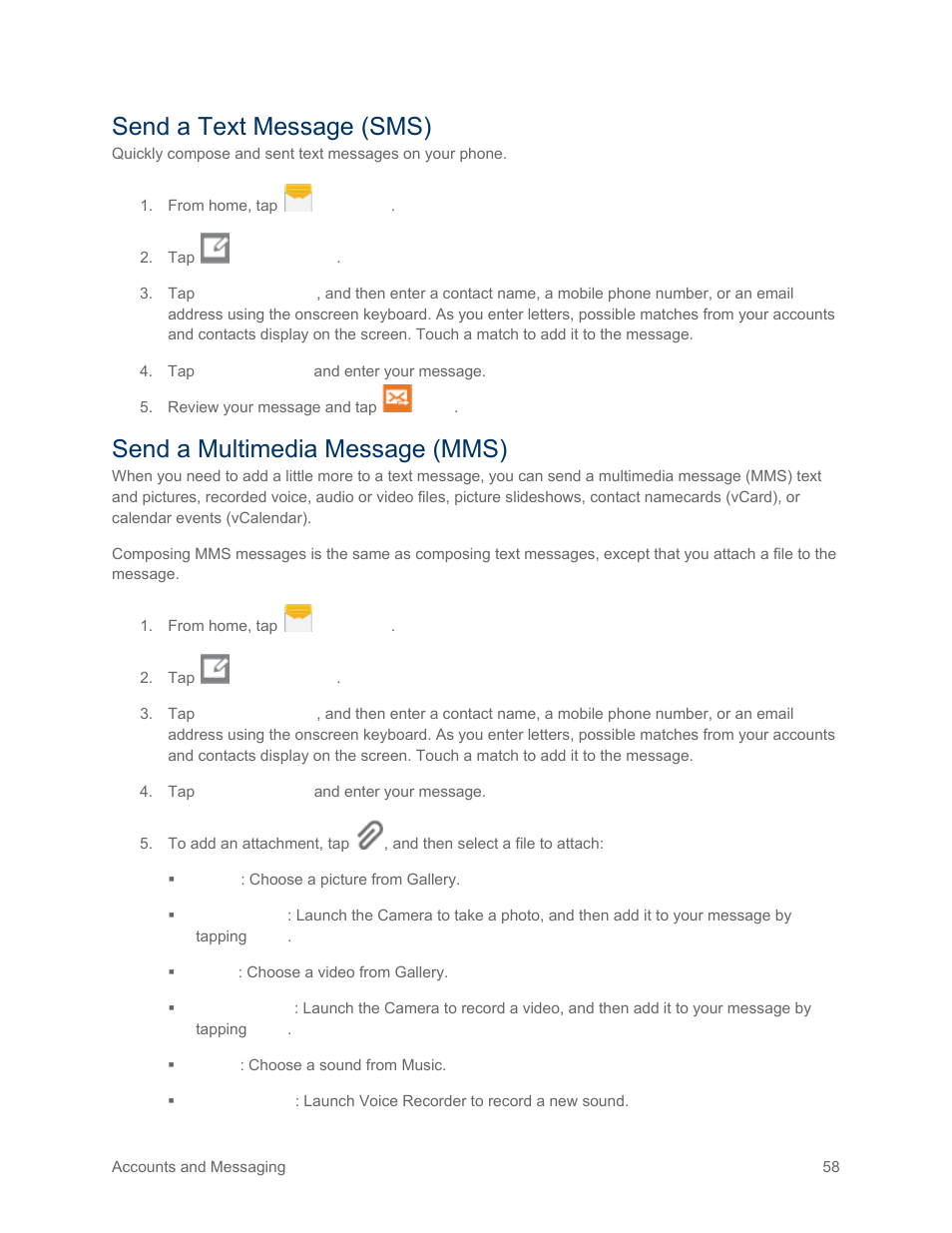 Send a text message (sms), Send a multimedia message (mms), Compose a new text message | Samsung SM-G900PZWASPR User Manual | Page 70 / 208