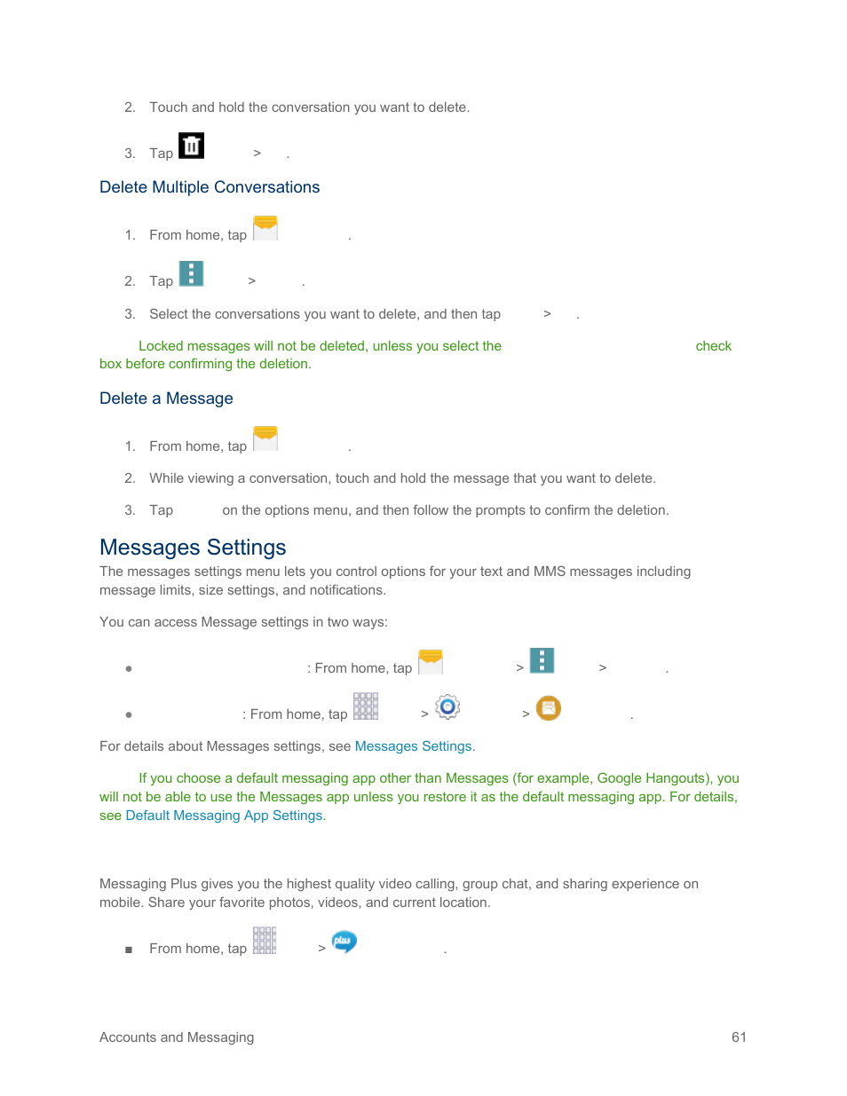 Messages settings, Messaging plus, Message settings | Samsung SM-G900PZWASPR User Manual | Page 73 / 208