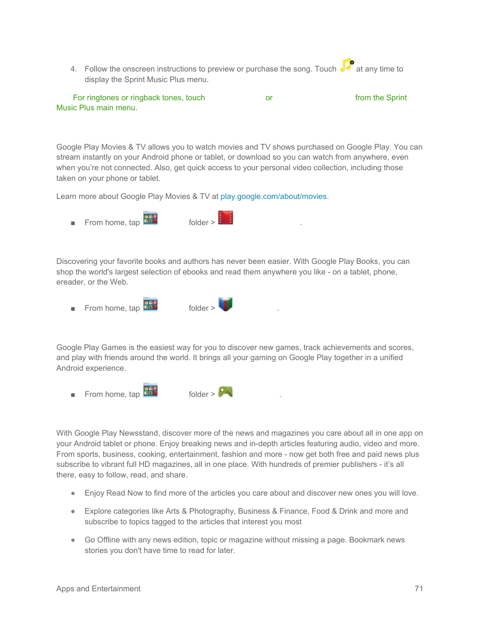 Google play movies & tv, Google play books, Google play games | Google play newsstand | Samsung SM-G900PZWASPR User Manual | Page 83 / 208