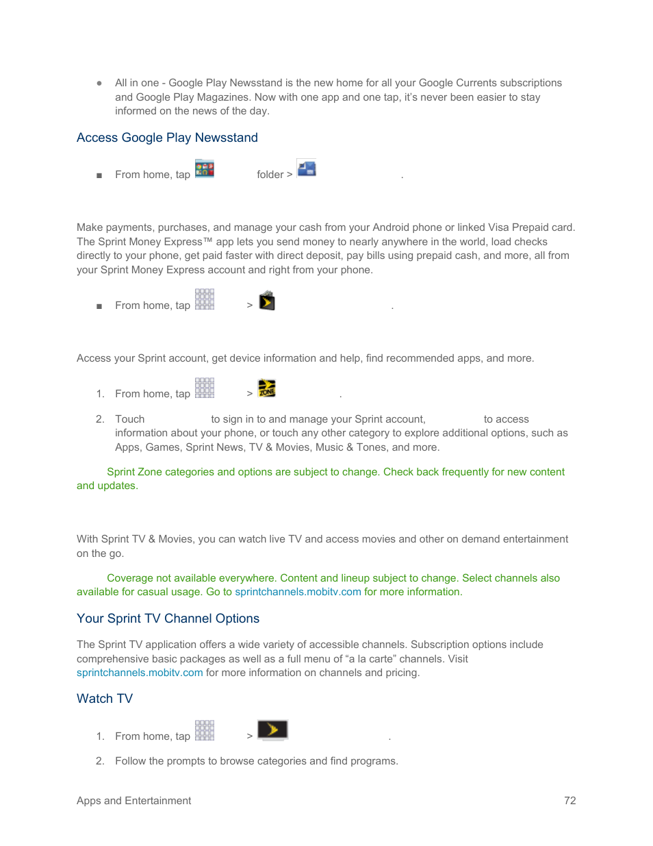 Sprint money express, Sprint zone, Sprint tv & movies | Samsung SM-G900PZWASPR User Manual | Page 84 / 208