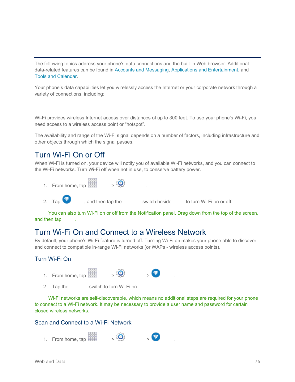 Web and data, Wi-fi, Turn wi-fi on or off | Turn wi-fi on and connect to a wireless network | Samsung SM-G900PZWASPR User Manual | Page 87 / 208