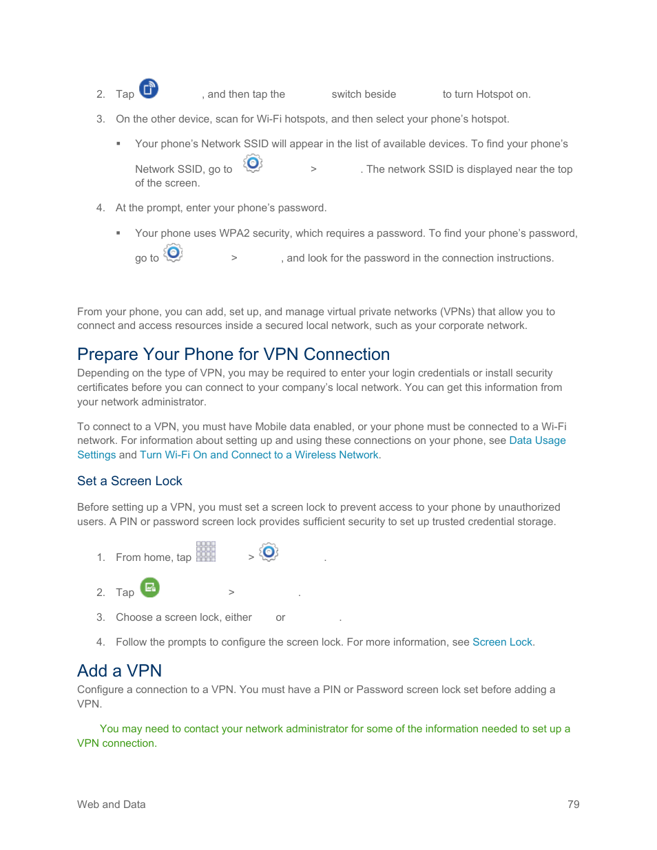 Virtual private networks (vpn), Prepare your phone for vpn connection, Add a vpn | Samsung SM-G900PZWASPR User Manual | Page 91 / 208