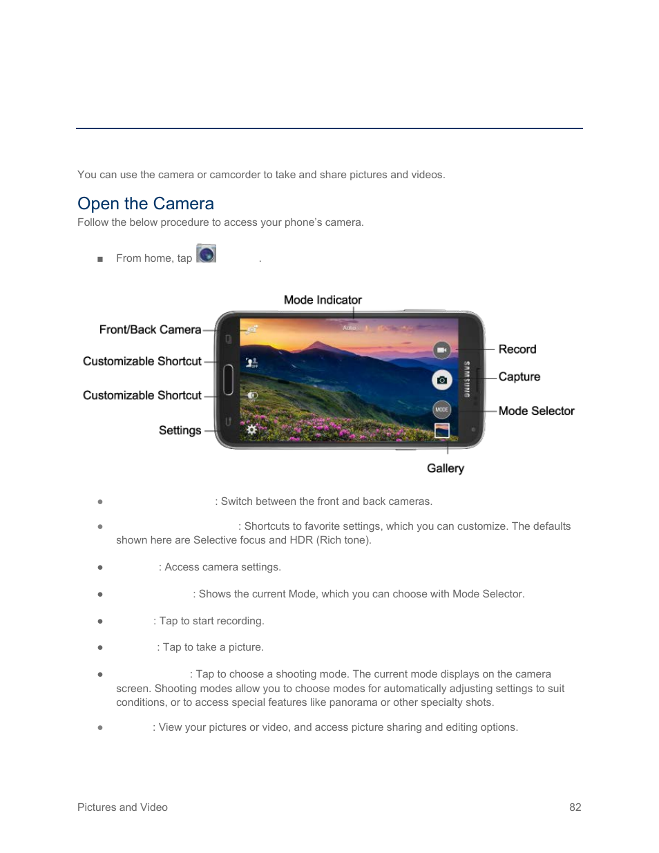 Pictures and video, Camera, Open the camera | Samsung SM-G900PZWASPR User Manual | Page 94 / 208