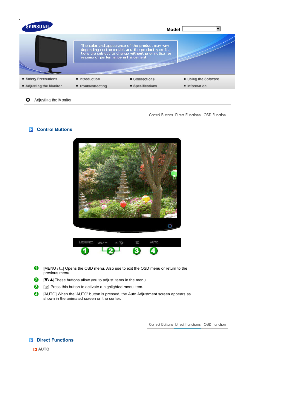 Adjusting the monitor, Control buttons, Direct functions | Osd function | Samsung LS17PENSF-XBM User Manual | Page 27 / 50