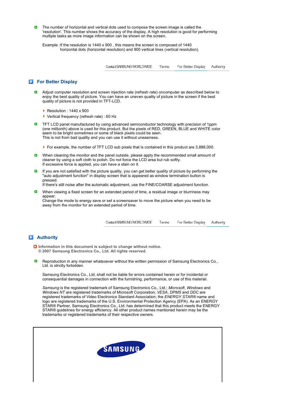 For better display, Authority | Samsung LS17PENSF-XBM User Manual | Page 49 / 50