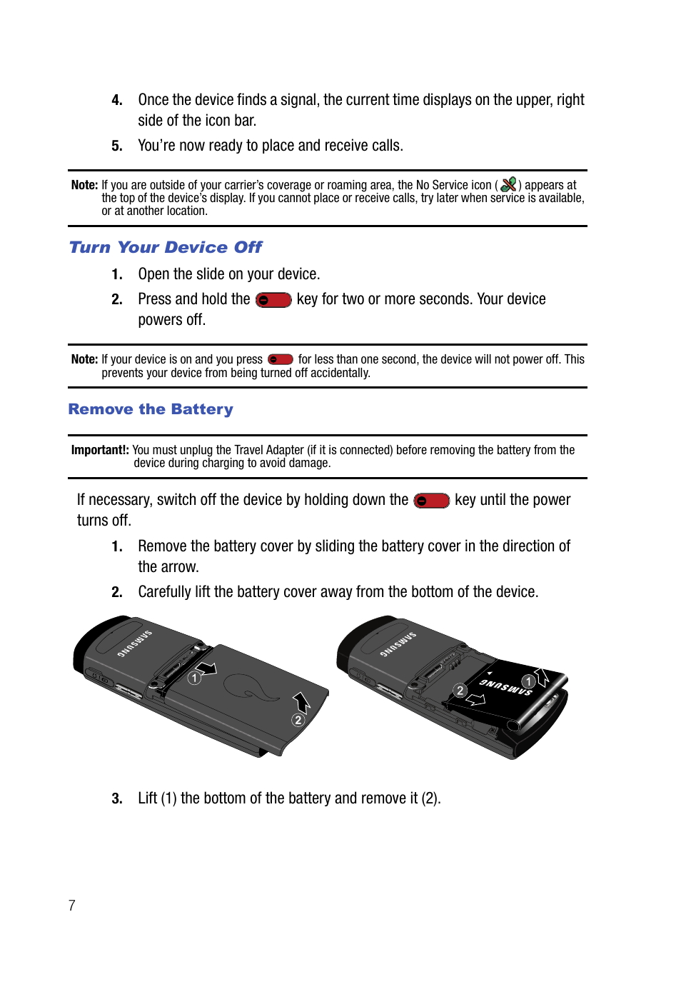 Turn your device off, Remove the battery | Samsung SPH-A523HBASKE User Manual | Page 10 / 187