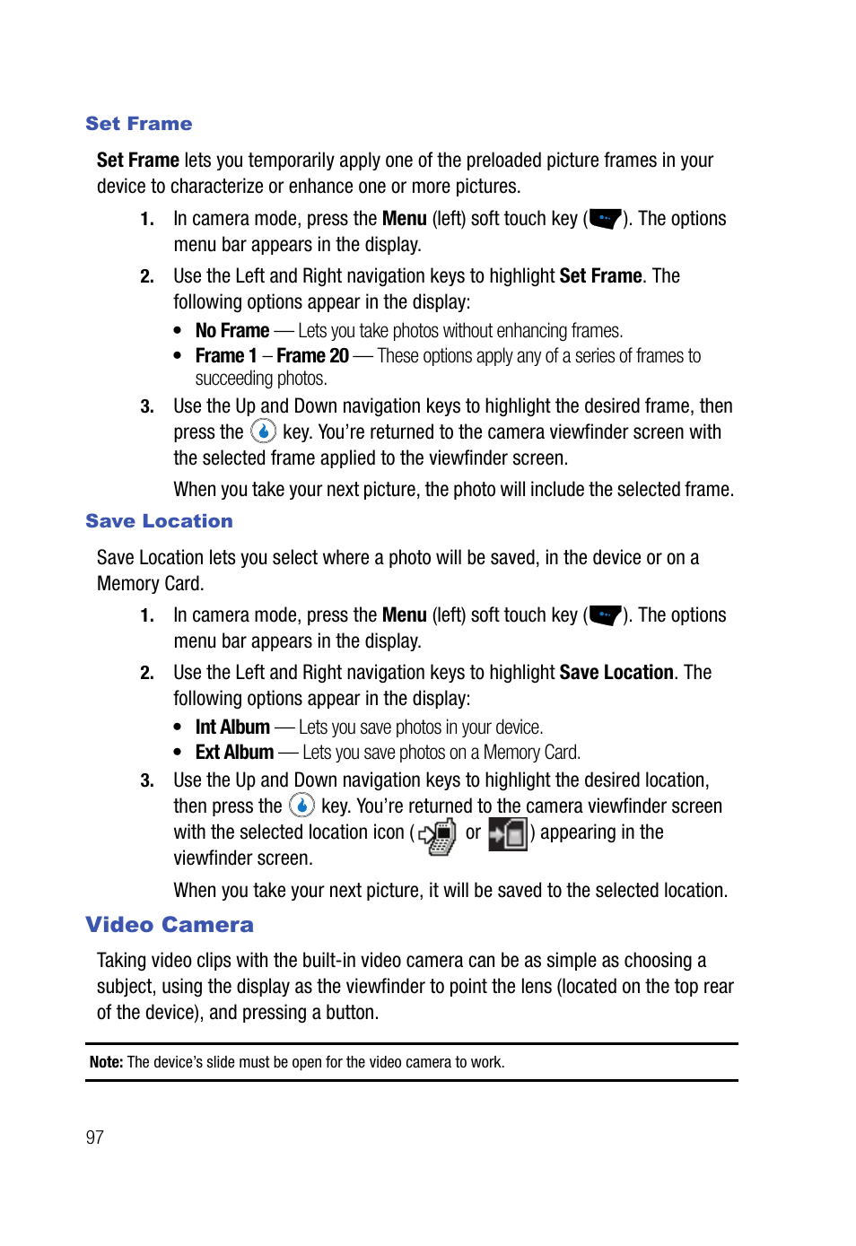 Set frame, Save location, Video camera | Samsung SPH-A523HBASKE User Manual | Page 100 / 187