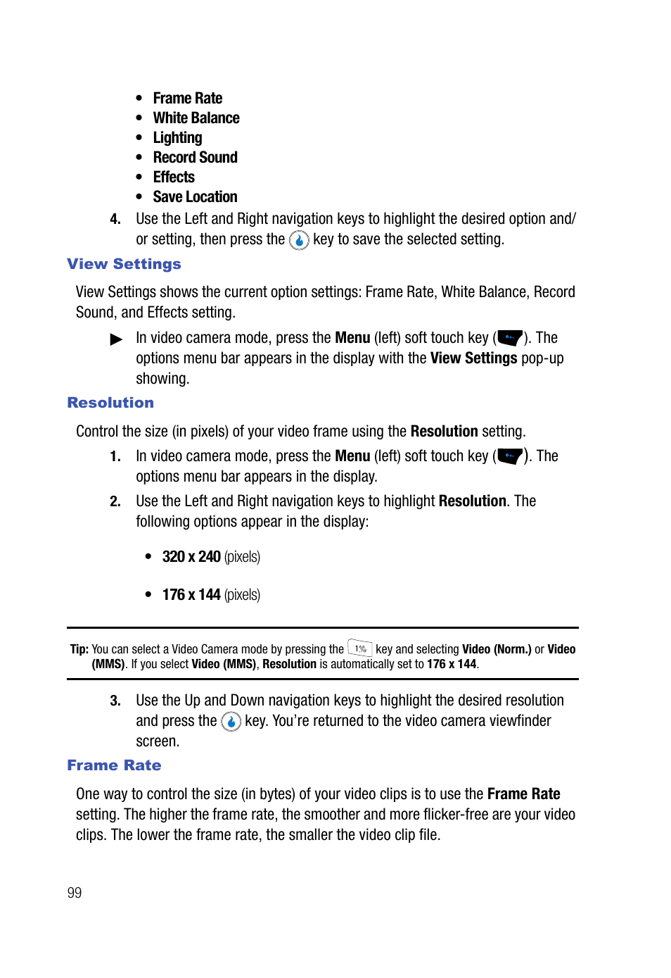 View settings, Resolution, Frame rate | Samsung SPH-A523HBASKE User Manual | Page 102 / 187