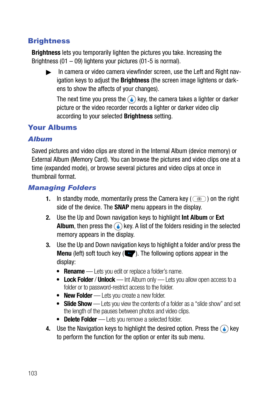 Brightness, Your albums, Album | Managing folders, Brightness your albums | Samsung SPH-A523HBASKE User Manual | Page 106 / 187
