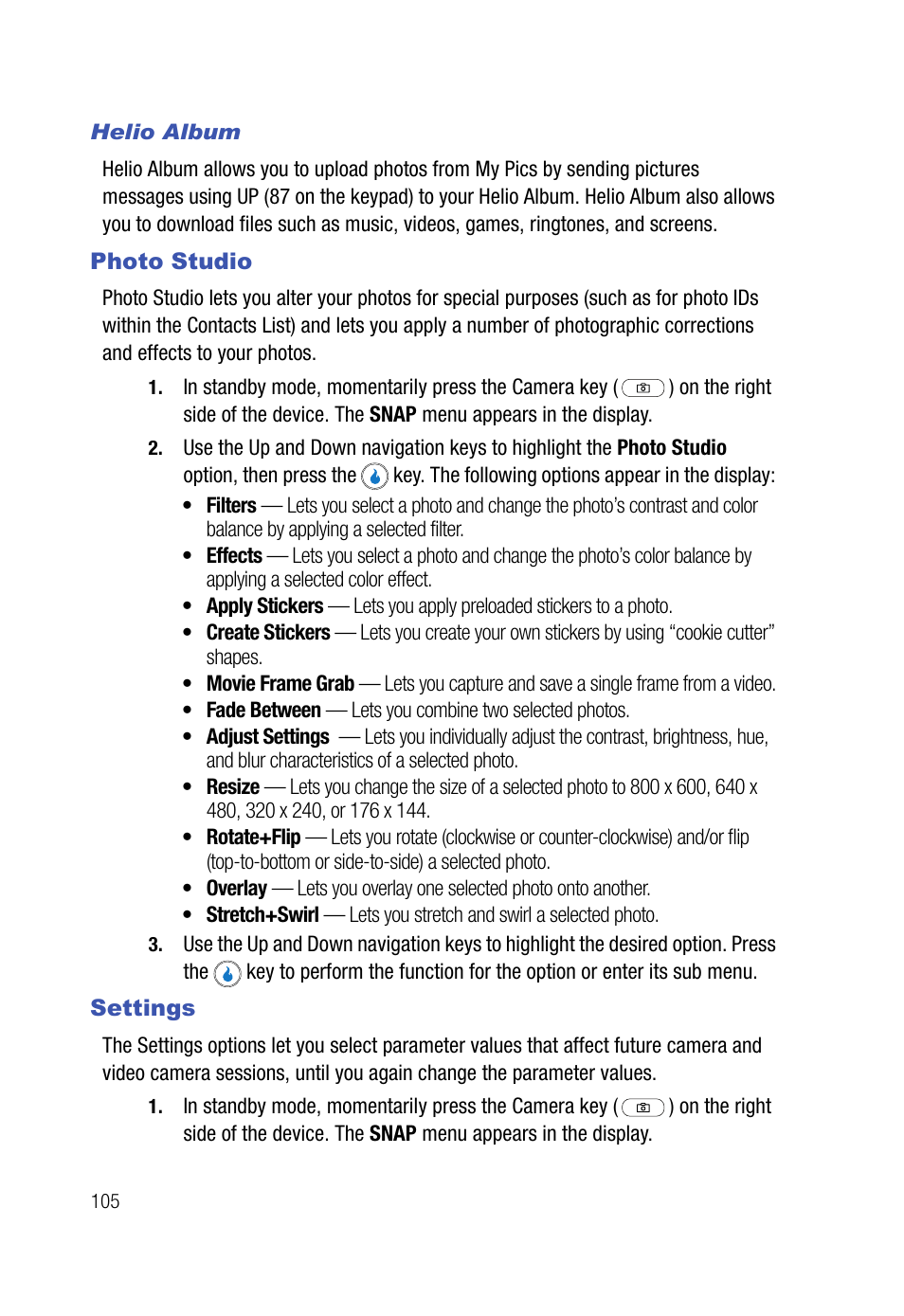 Helio album, Photo studio, Settings | Photo studio settings | Samsung SPH-A523HBASKE User Manual | Page 108 / 187