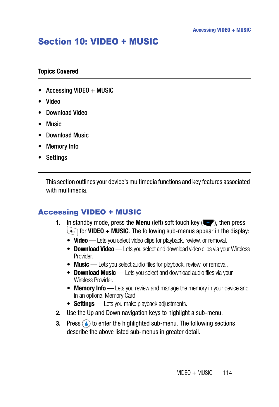 Section 10: video + music, Accessing video + music | Samsung SPH-A523HBASKE User Manual | Page 117 / 187