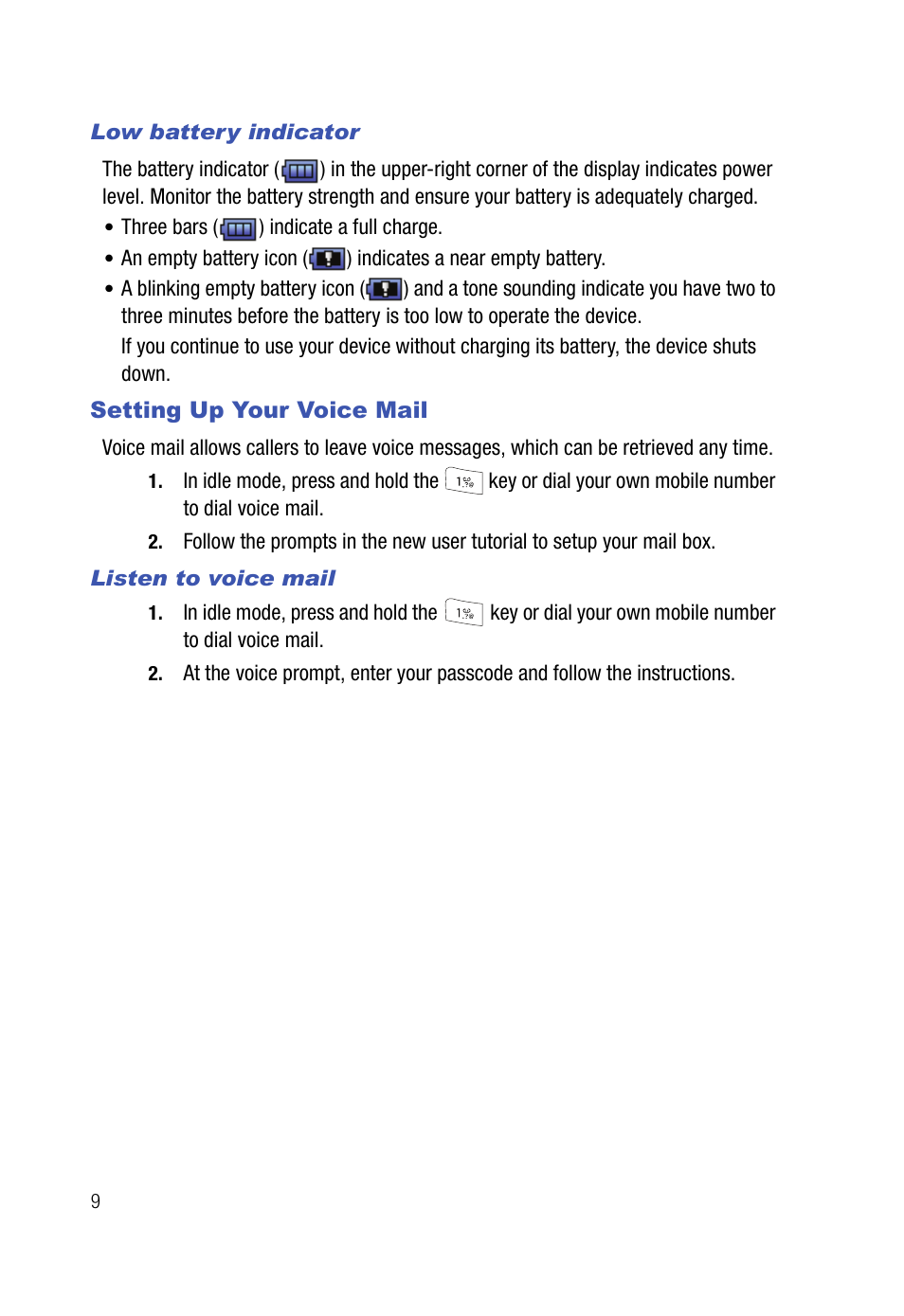 Low battery indicator, Setting up your voice mail, Listen to voice mail | Samsung SPH-A523HBASKE User Manual | Page 12 / 187