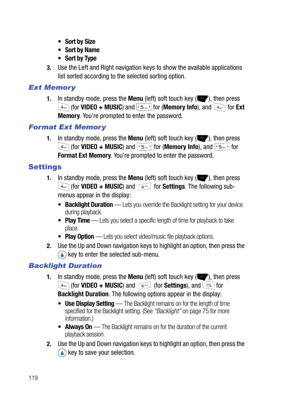 Ext memory, Format ext memory, Settings | Backlight duration | Samsung SPH-A523HBASKE User Manual | Page 122 / 187