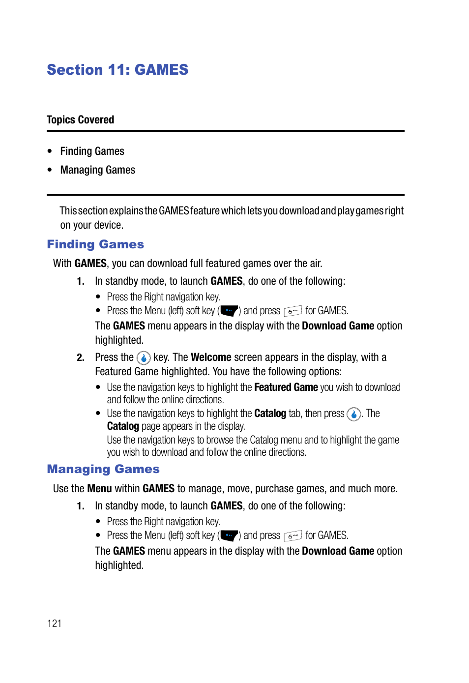 Section 11: games, Finding games, Managing games | Finding games managing games | Samsung SPH-A523HBASKE User Manual | Page 124 / 187