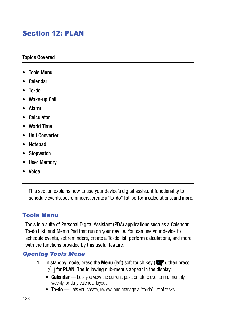 Section 12: plan, Tools menu, Opening tools menu | Samsung SPH-A523HBASKE User Manual | Page 126 / 187