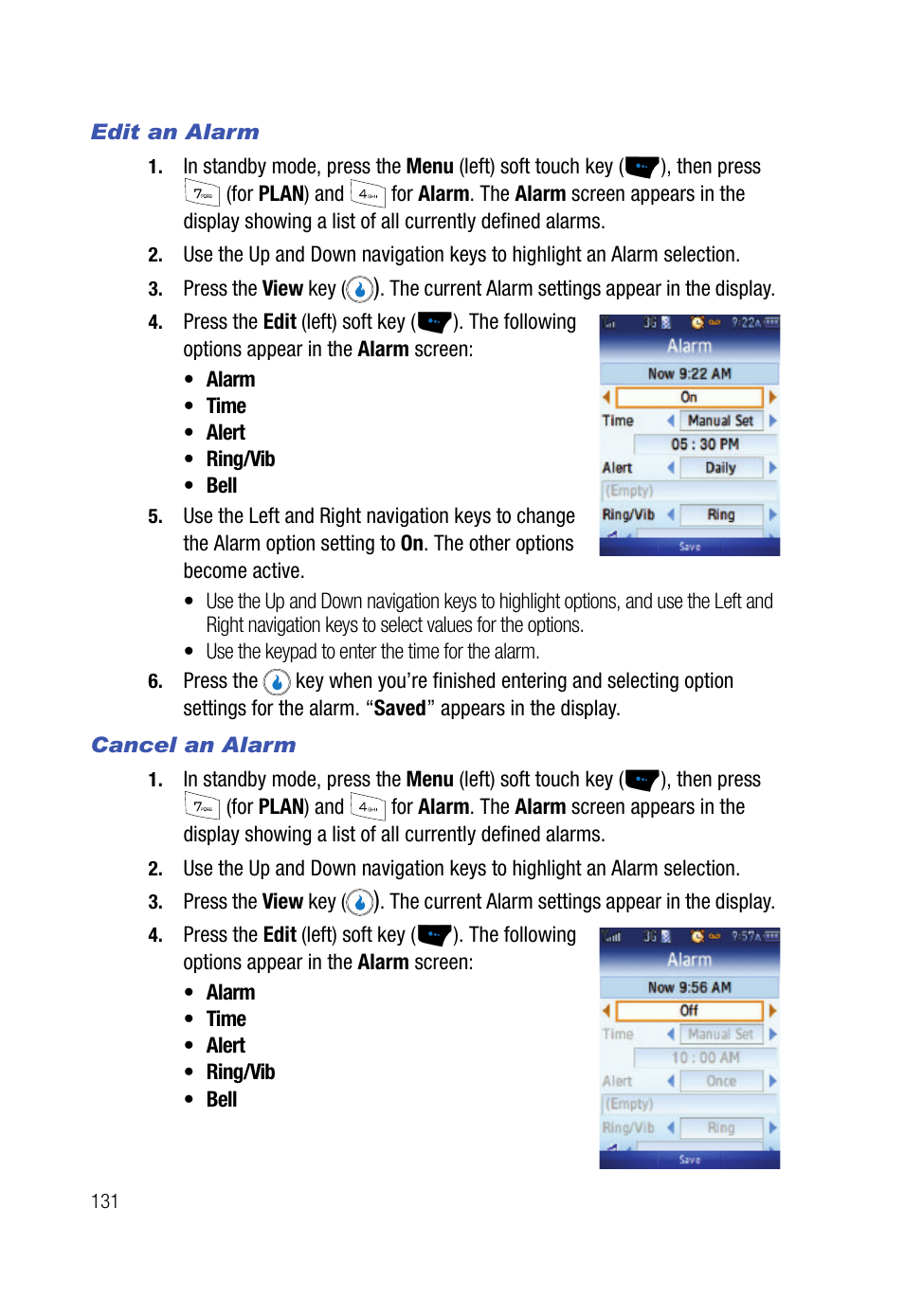 Edit an alarm, Cancel an alarm | Samsung SPH-A523HBASKE User Manual | Page 134 / 187
