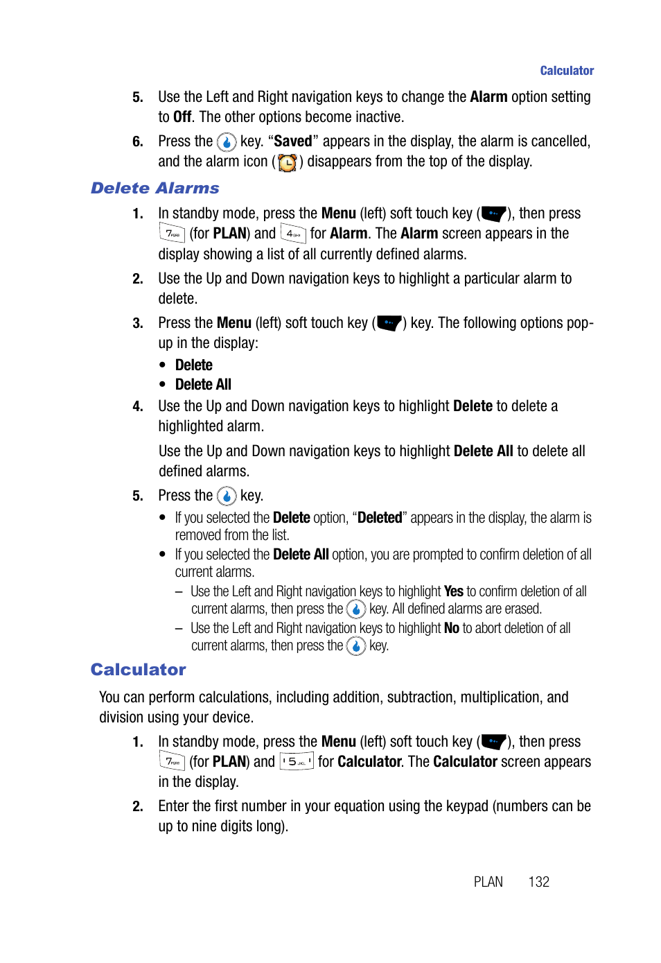 Delete alarms, Calculator | Samsung SPH-A523HBASKE User Manual | Page 135 / 187