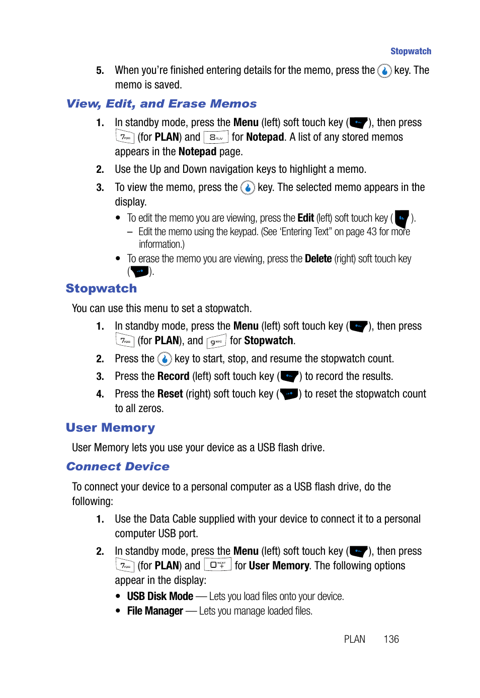 View, edit, and erase memos, Stopwatch, User memory | Connect device, Stopwatch user memory | Samsung SPH-A523HBASKE User Manual | Page 139 / 187