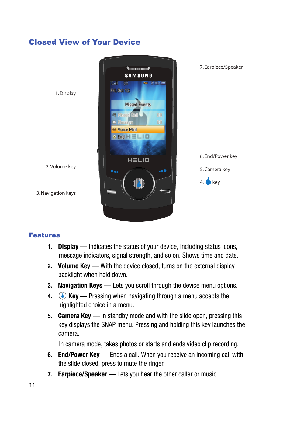 Closed view of your device, Features | Samsung SPH-A523HBASKE User Manual | Page 14 / 187